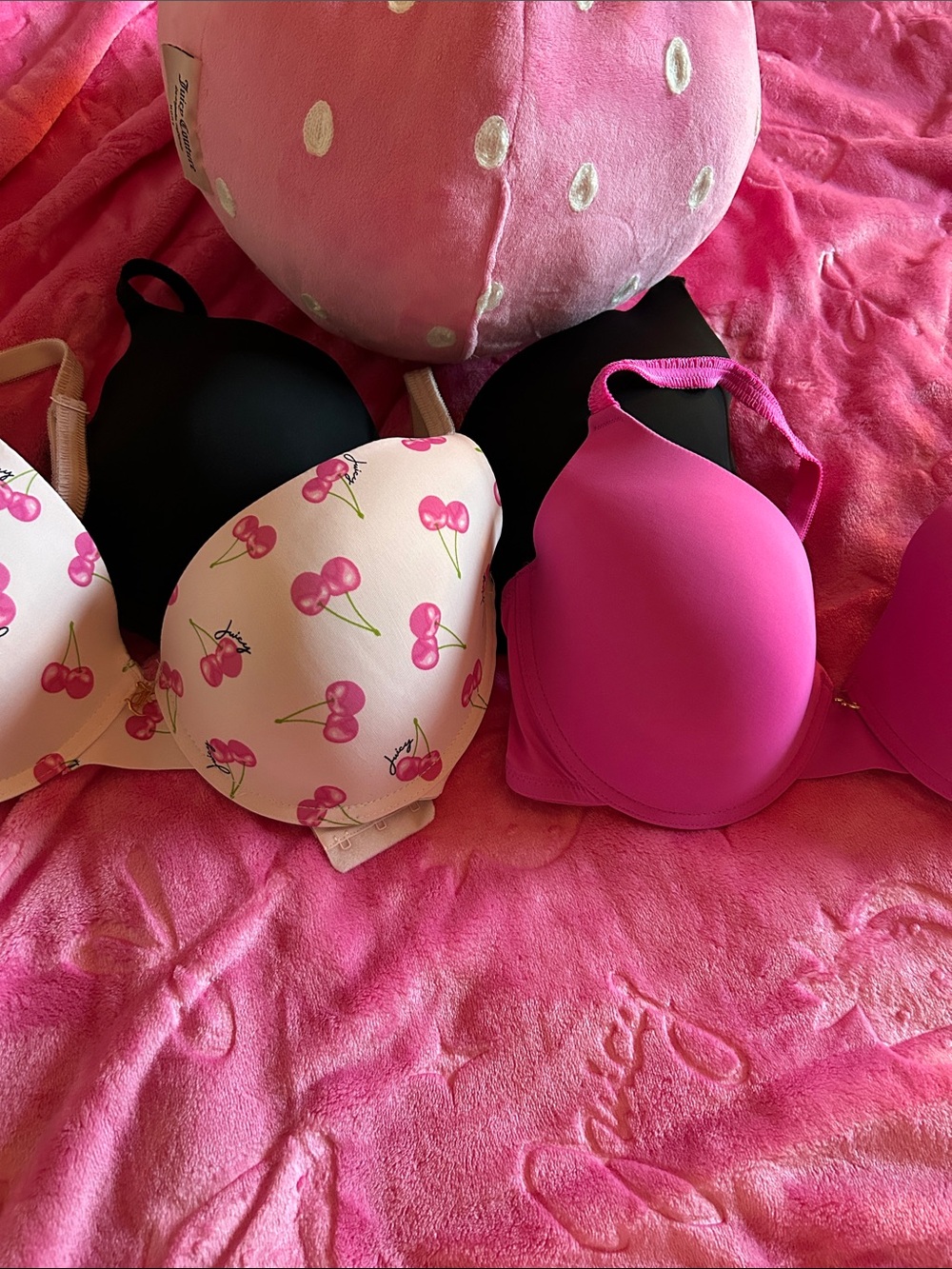 Juicy Couture Pink Cherry Print & Solid Hot Pink Bras